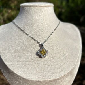 18K White Gold Plated Clover Yellow Canary Cubic Zirconia Necklace